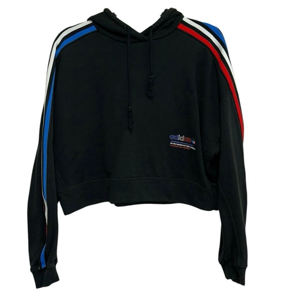 Adidas‎ Originals Cropped Hoodie Black Trefoil French Flag Stripes Medium